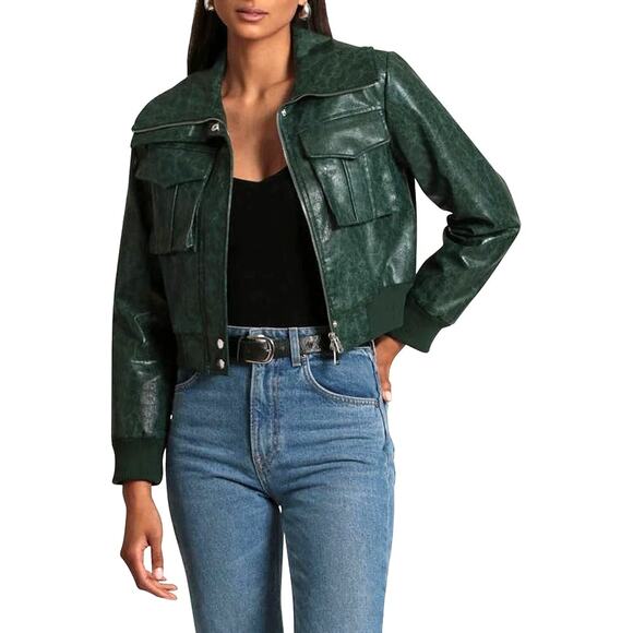Avec Les Filles Faux Ever Leather Crop Bomber Jacket Classic Biker Emerald Small - Picture 1 of 2